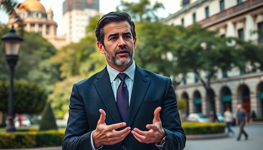 Confident man discussing moving to Argentina in 2025, park background.