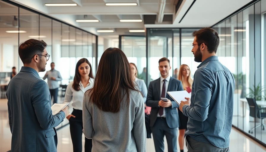 Job seekers discussing opportunities in Qatar office, bright setting.