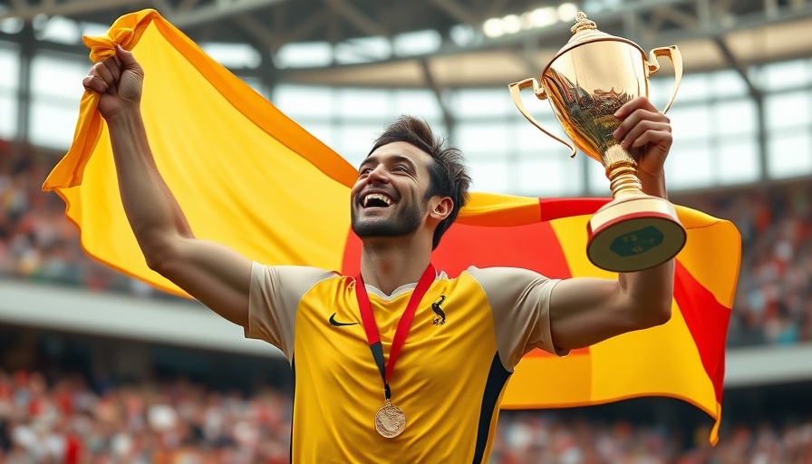 Joe Kovacs celebrating Diamond League victory with flag and trophy.