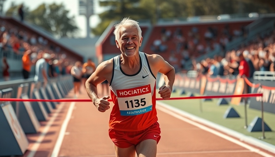 Masters 200m Race athlete crossing finish line at championship.