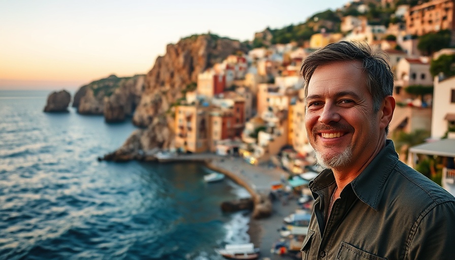 Cefalù coastal town during sunset with smiling man.