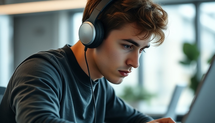 Young man concentrating in office, promoting productivity.