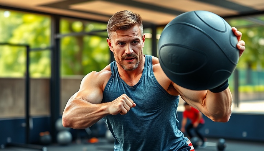 Athletic man performing medicine ball slam in outdoor gym setting.