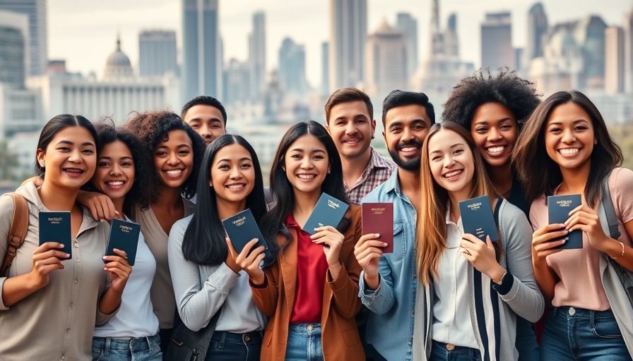 Diverse group celebrating dual citizenship benefits, holding passports.