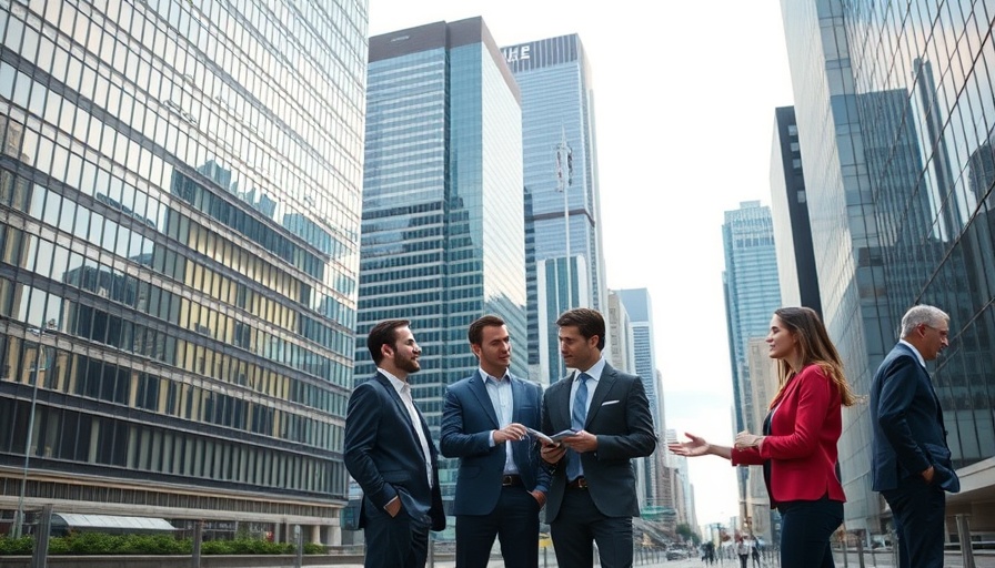 Professionals discussing corporate expat opportunities in a modern city.