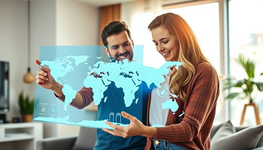 Couple planning move abroad in 2025, excitedly viewing map.