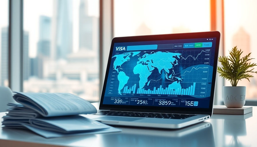 Abstract visa documents and a globe with digital charts on a laptop screen.