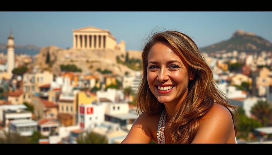 Cost of Living in Greece: Woman in front of Greek cityscape.