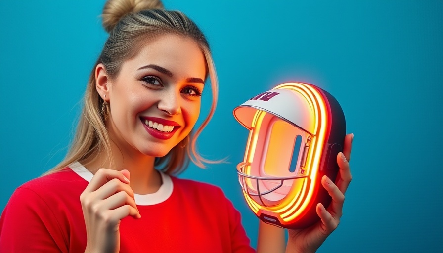Smiling woman with retro sports item and Lite-Brite backdrop.