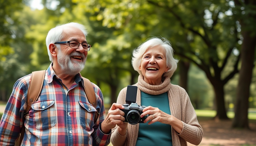 Elderly couple with a camera in a park, representing health insurance for parents above 60.
