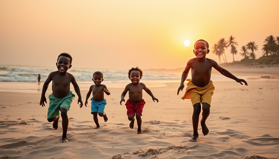 Children enjoying a beach in Gambia at sunset, highlighting its appeal as a digital nomad destination.