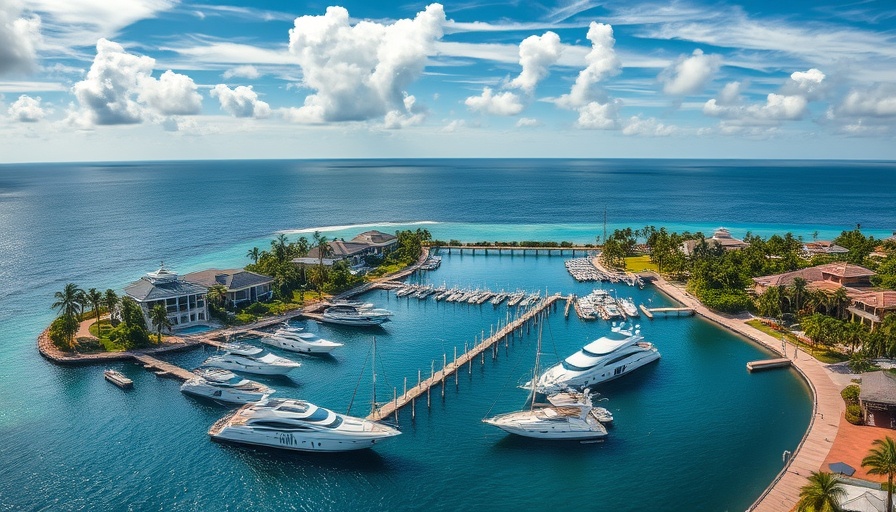 Aerial view of yachts at exclusive island resort marina.