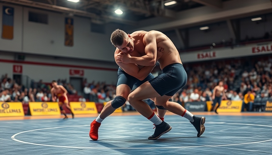 Dynamic wrestling match depicting Georgia U20 Worlds Gold Medals.