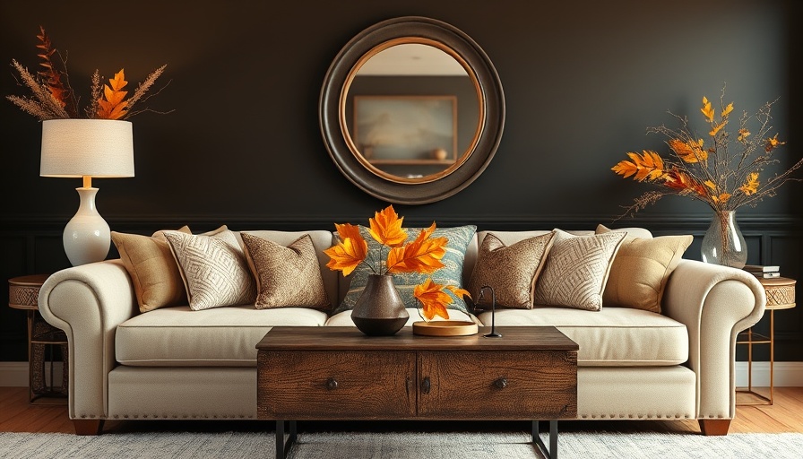 Fall home decorating ideas with cozy beige sofa and autumn accents.