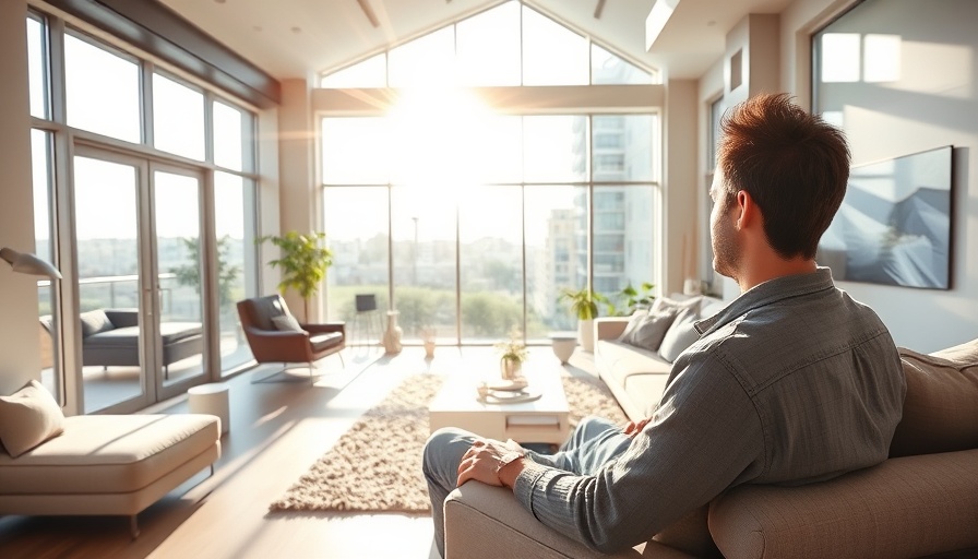 Modern living room with sunlight for home cooling tips.