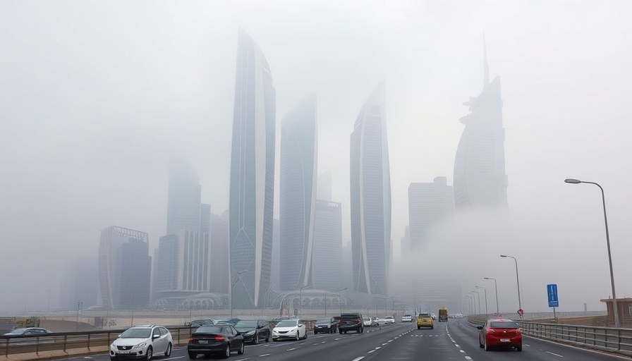 Foggy skyscrapers in Qatar with 50% humidity.