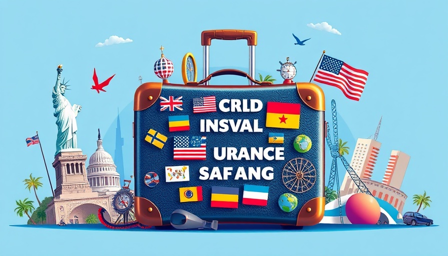 Vibrant collage of USA landmarks and travel insurance theme.