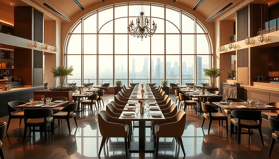 Luxurious restaurant interior with elegant furnishings and city view.
