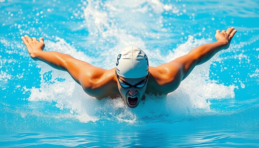 Swimmer's dynamic butterfly stroke in a clear blue pool.