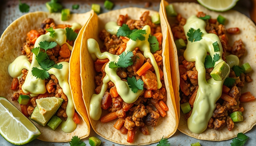 Sheet pan tacos with avocado crema, lime wedges.