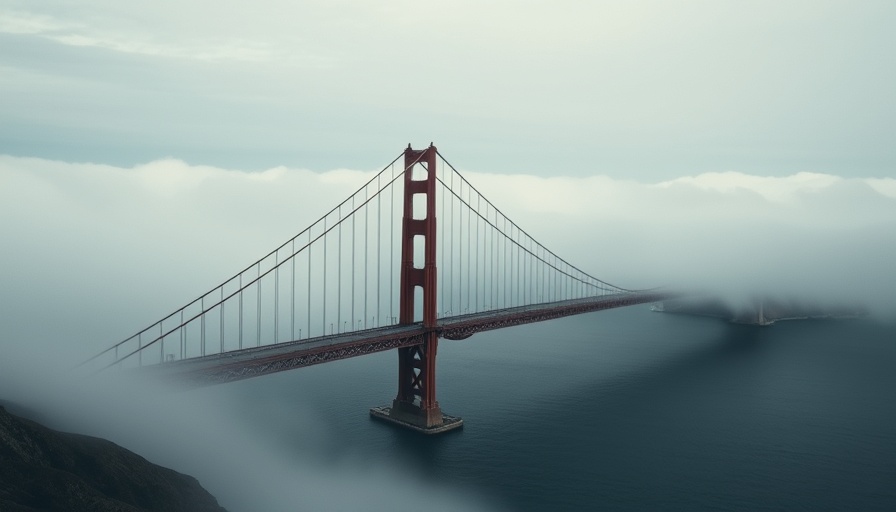 Golden Gate Bridge in foggy setting, USA travel.