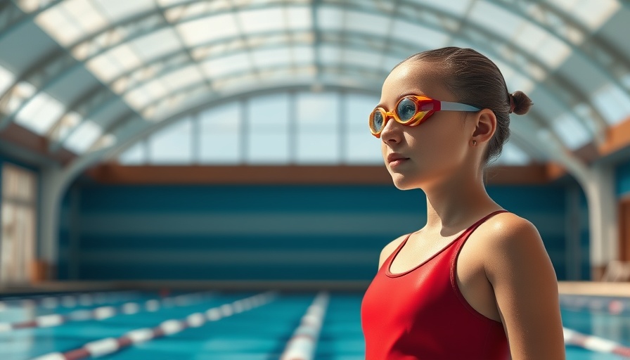 Young female swimmer adjusting goggles in indoor pool for MySwimPro app.