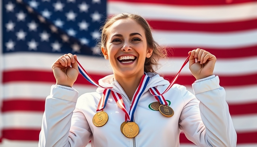 Smiling woman with medals in front of American flag.