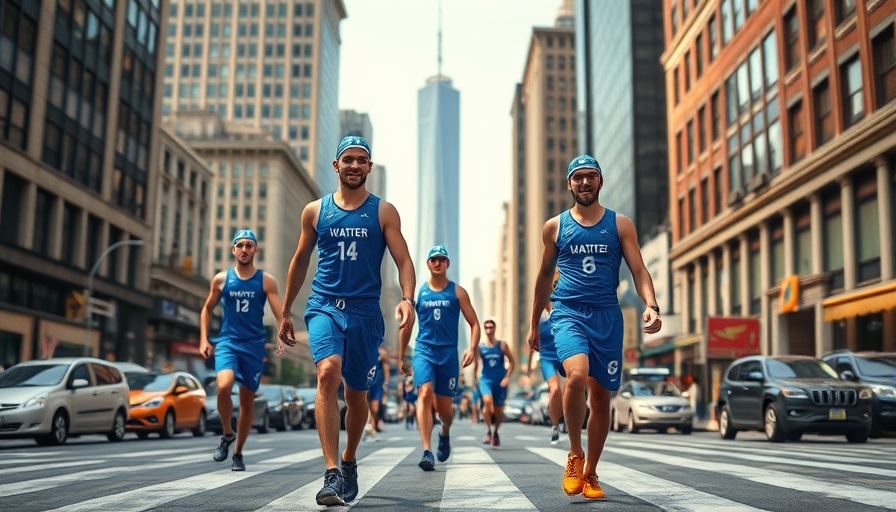 Four men in water polo gear crossing busy NYC street.