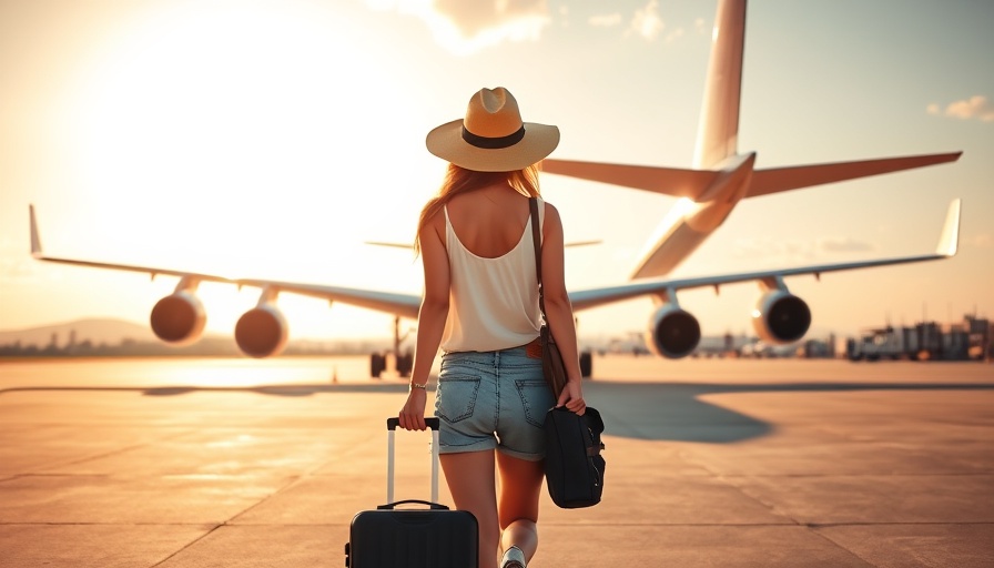 Woman at airport diversifying across borders with suitcase under sunset.