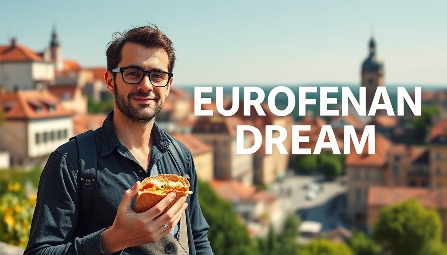 European Dream image with man, sandwich, and scenic backdrop related to the best European countries to live in 2025.