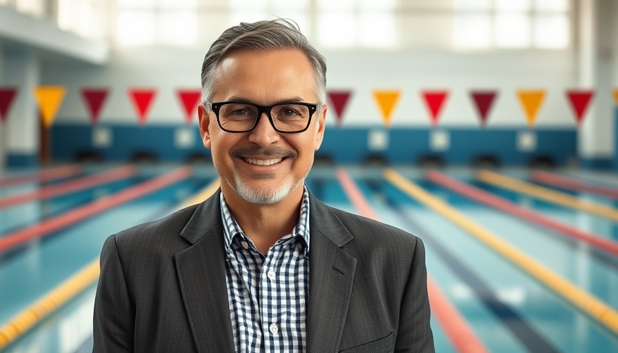 Smiling man in glasses and suit, professional photo, pool background, Smart Growth for USA Swimming.