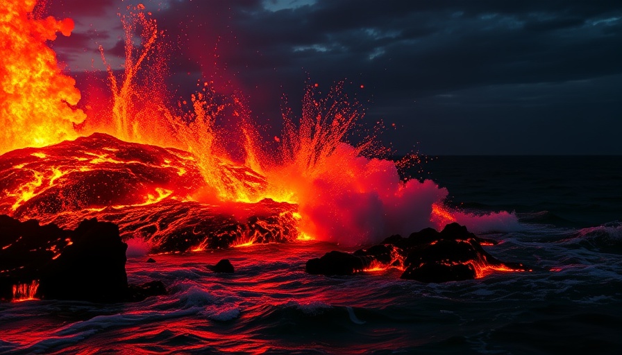 Fiery volcanic lava flowing into ocean at dusk, key global developments.
