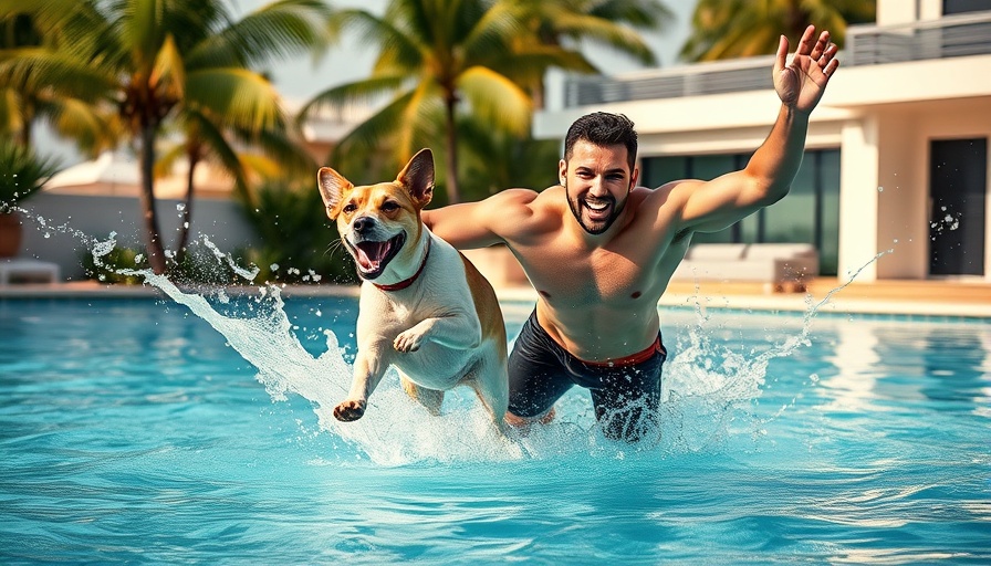 Athletic male and dog leap into pool for a control sports activity.