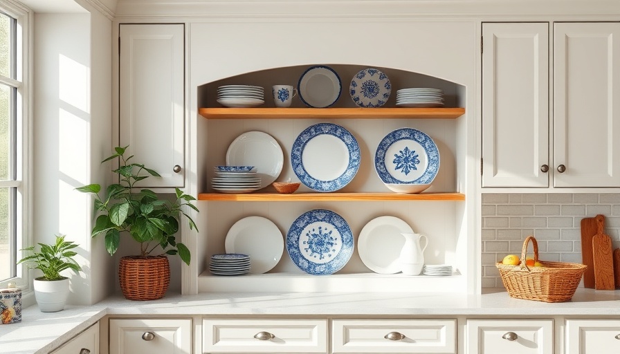 Elegant built-in kitchen shelf using the space between wall studs, showcasing plates.