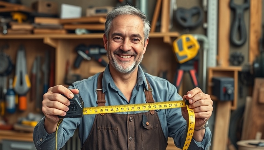 Middle-aged man smiles, showcasing specialized tape measures in workshop.