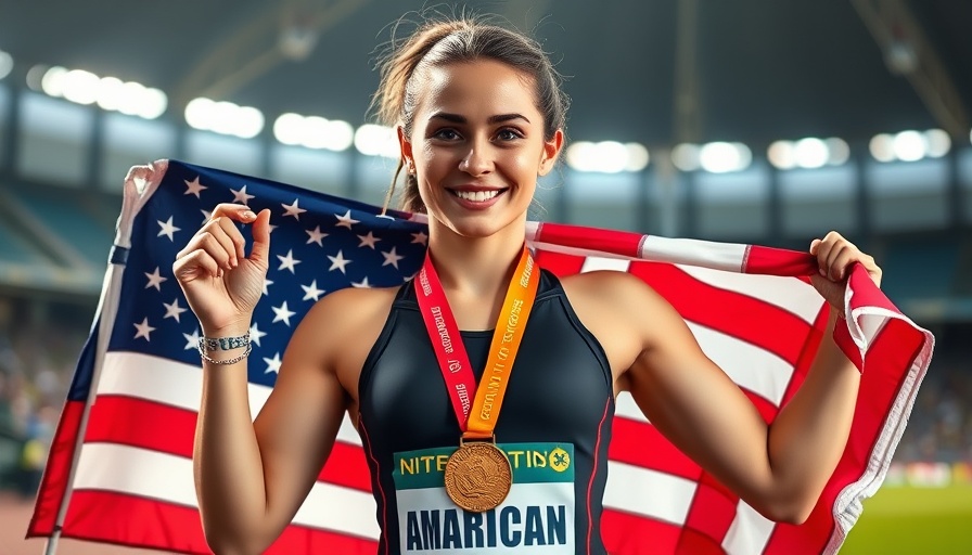 Valarie Allman celebrating with medal and flag in sports stadium.