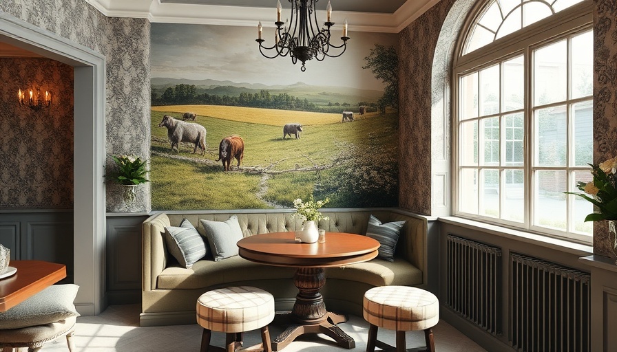 Vintage dining nook at Cashiers Designer Showhouse 2025 with mural walls.