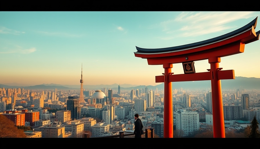 Scenic view of Tokyo cityscape with torii gate and mountains.