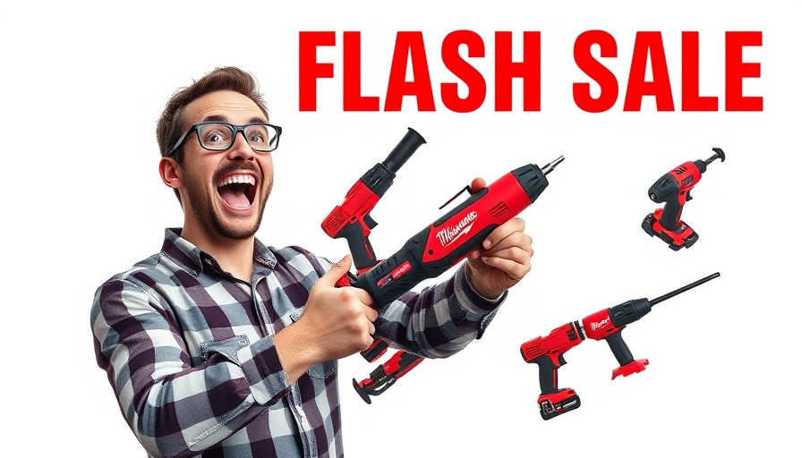 Milwaukee Tool flash sale discounts: excited man with tools in bold advertisement.