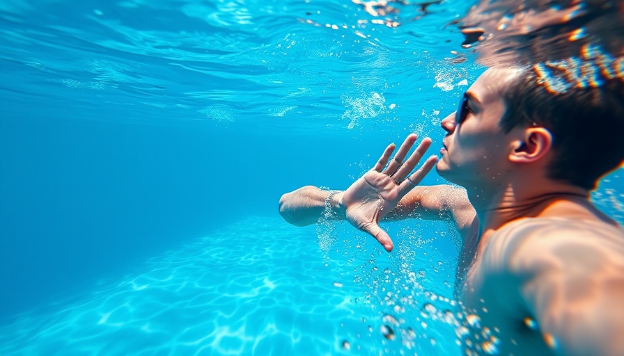 Underwater view of swimmer's arm stroke in pool.