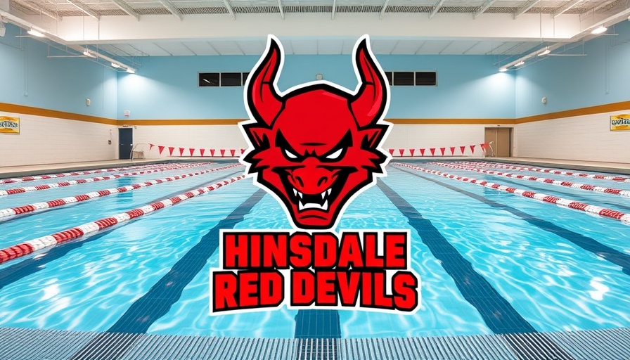Hinsdale Central Red Devils logo over swimming pool.