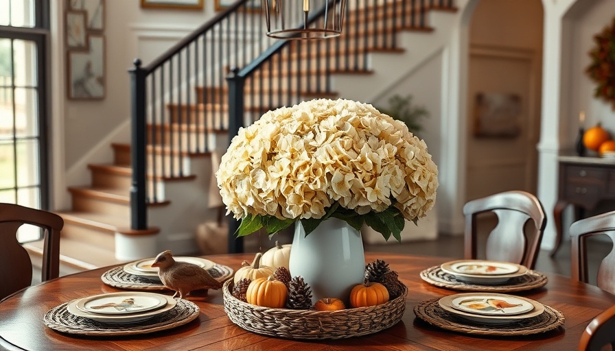 Elegant fall dining table with hydrangea centerpiece.