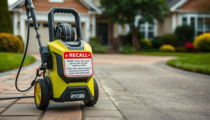 Ryobi pressure washer recall warning in suburban setting.