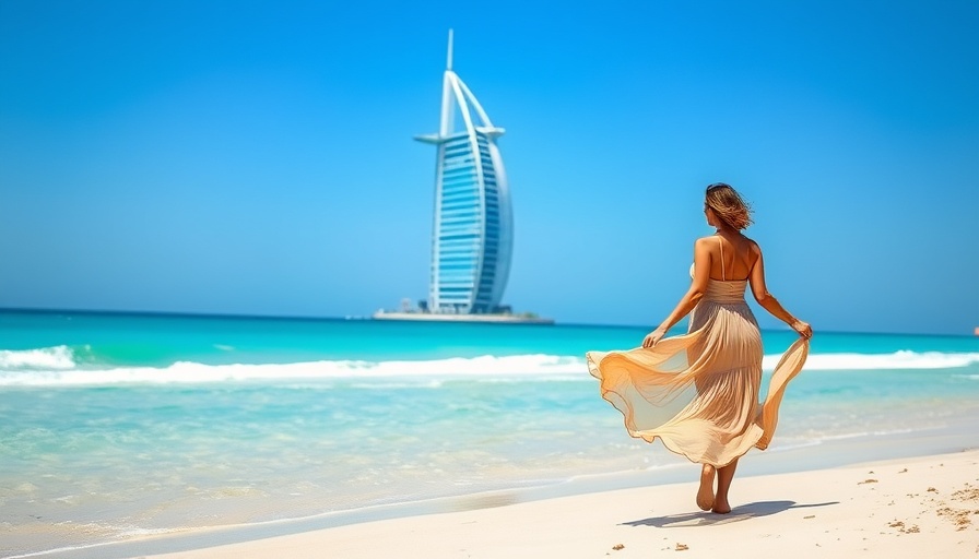 Woman enjoying Dubai beach with Burj Al Arab in view, perfect health and relaxation.
