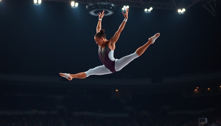 Gymnast performing a mid-air split at 2025 Chinese Worlds Trials.