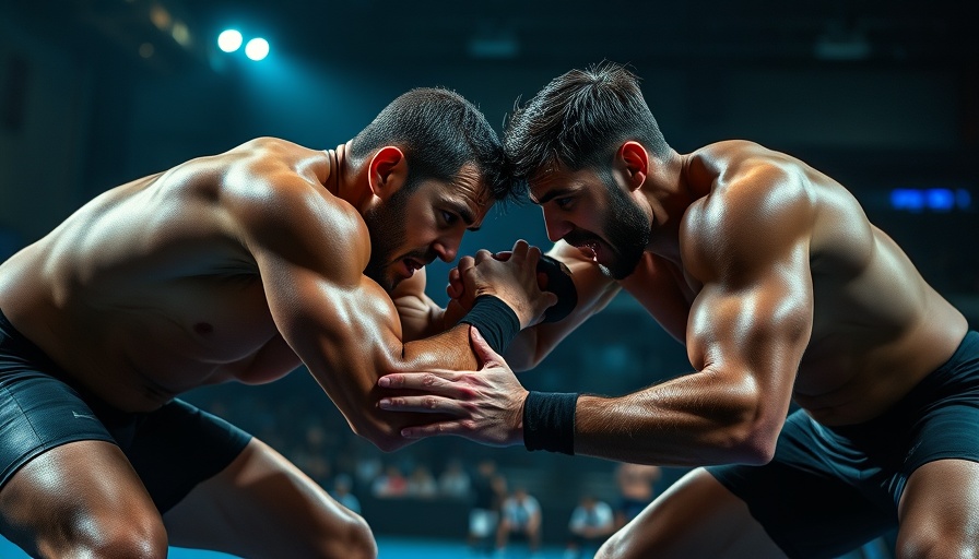 Sidakov vs Dake wrestling rivalry match, intense grapple, spotlighted.