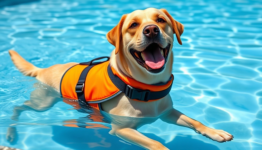 Labrador in life jacket in pool, ensuring dog safety.
