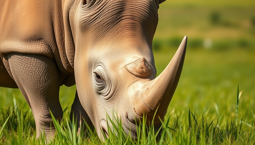 Rhino grazing in a grassy field, highlighting trends in relocation.