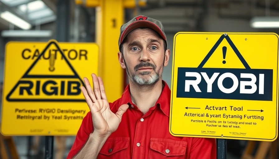 Cautionary image about Ryobi and Rigid tool recalls 2025 with man gesturing.