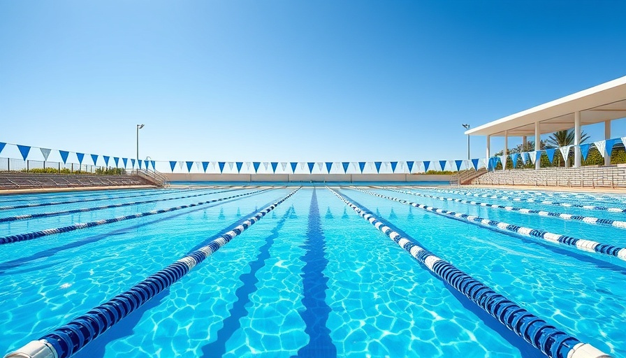Olympic-size swimming pool with lane dividers.
